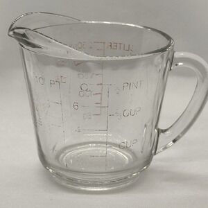 Vintage Anchor Hocking Fire King Measuring Cup Glass 496 Red Letters D‎ Handle